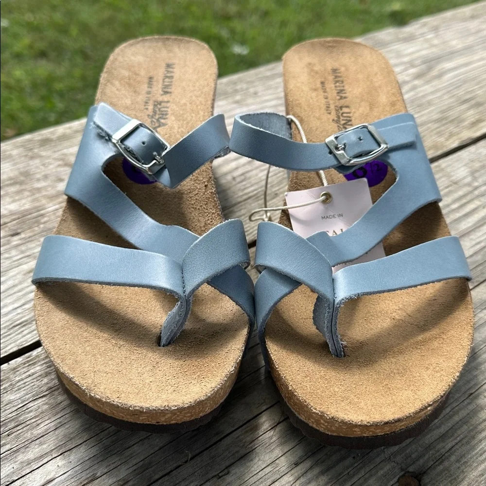 Marina Luna Blue Leather Cork Wedge Sandals